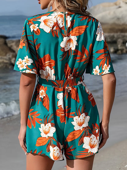 Floral Short Sleeves V Neck Tie Waist Beach Rompers