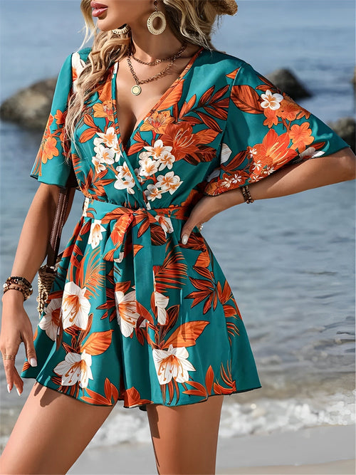 Floral Short Sleeves V Neck Tie Waist Beach Rompers