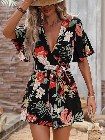 Floral Short Sleeves V Neck Tie Waist Beach Rompers