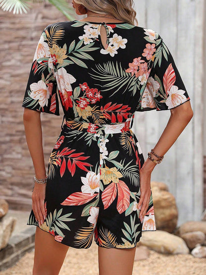 Floral Short Sleeves V Neck Tie Waist Beach Rompers
