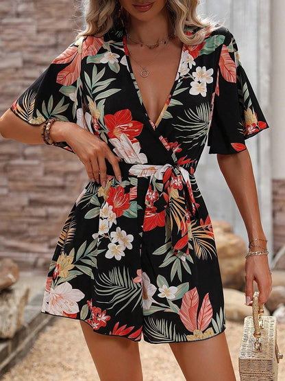 Floral Short Sleeves V Neck Tie Waist Beach Rompers