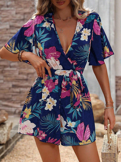Floral Short Sleeves V Neck Tie Waist Beach Rompers