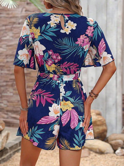 Floral Short Sleeves V Neck Tie Waist Beach Rompers