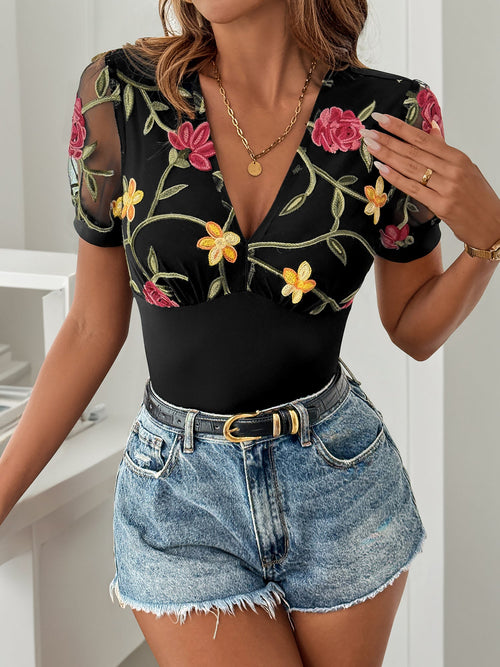 V Neck Embroidered Floral Short Sleeves Bodysuit