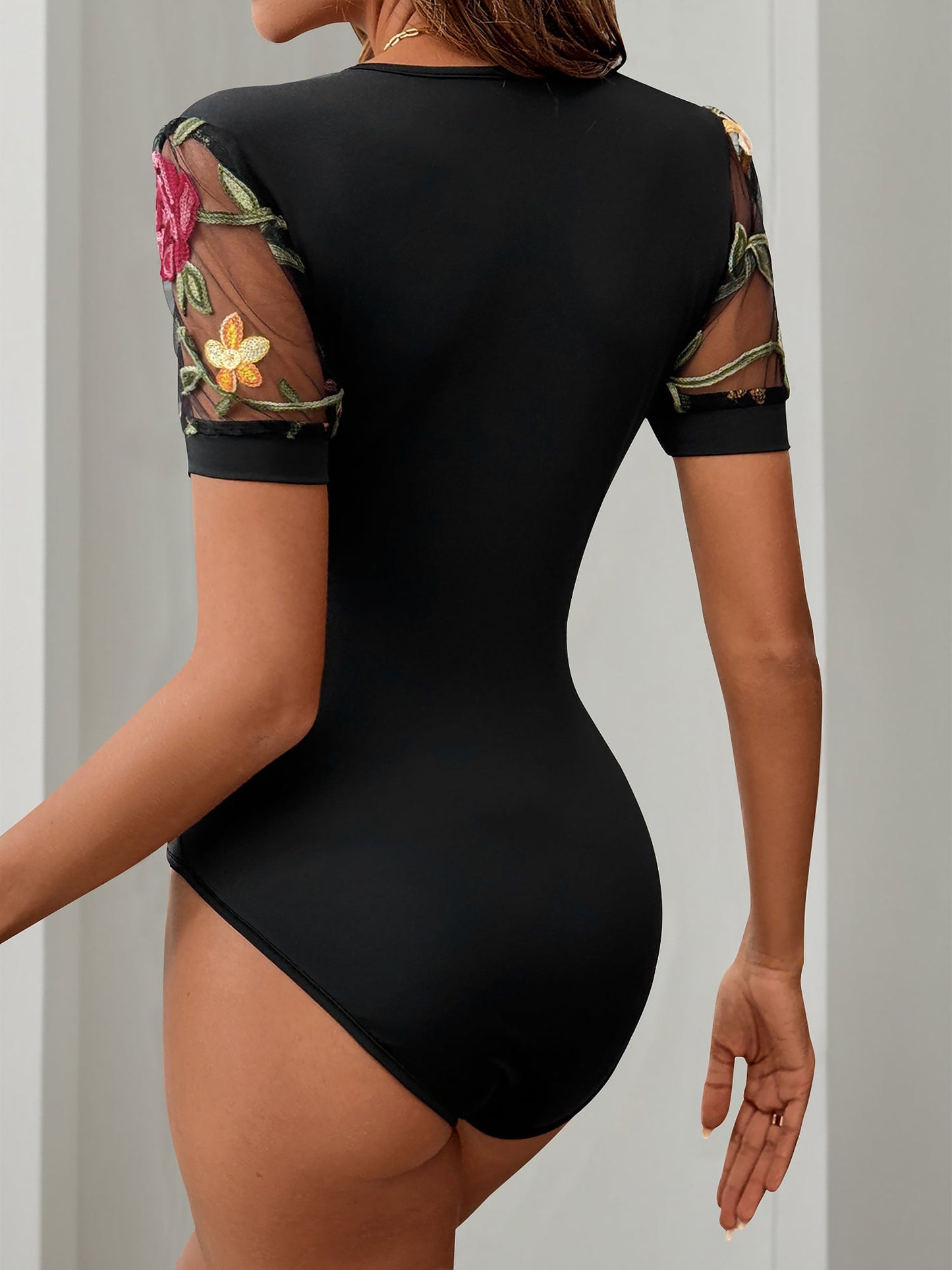 V Neck Embroidered Floral Short Sleeves Bodysuit
