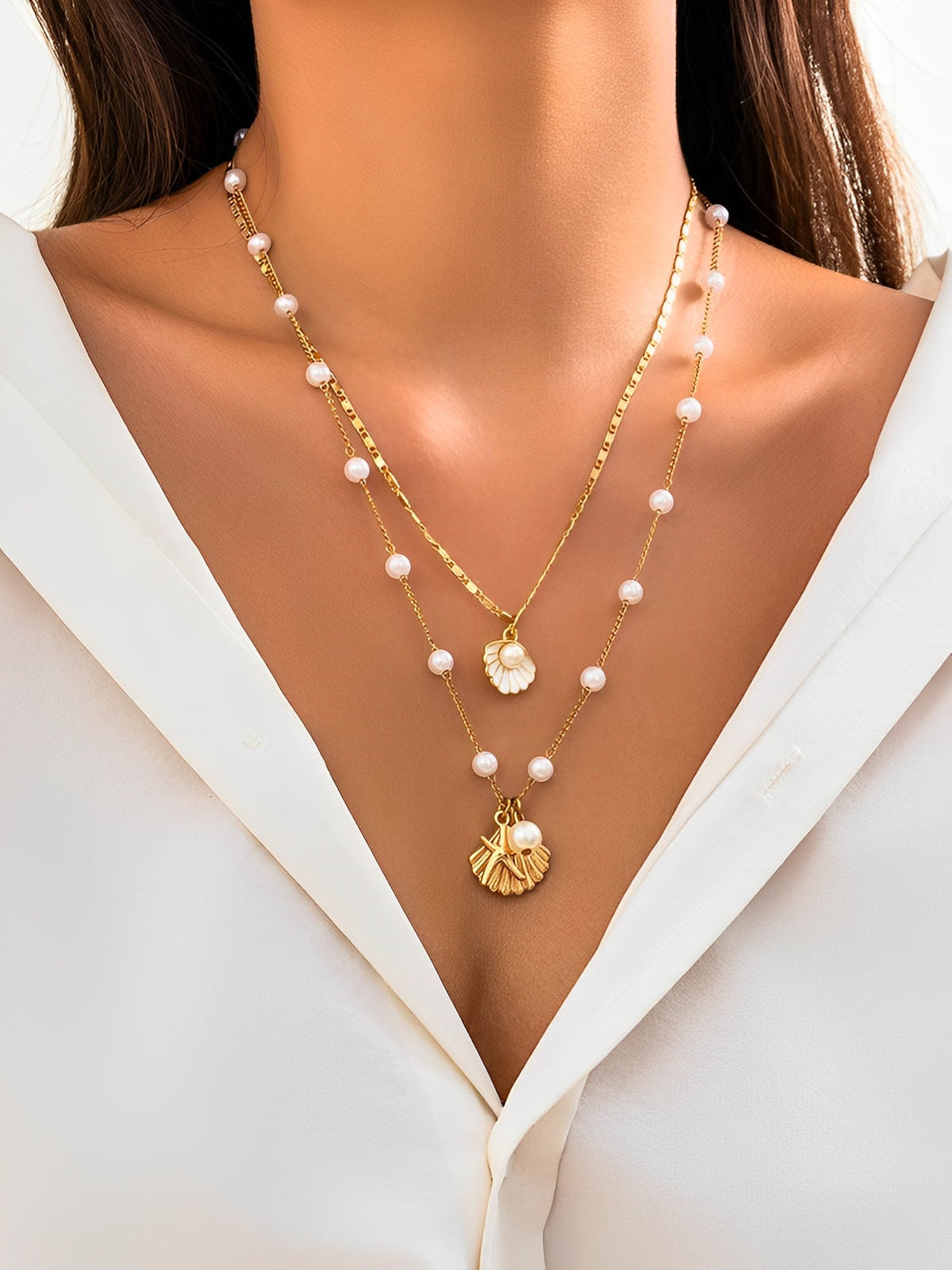 Ocean Style Shell Starfish Faux Pearl Necklace Set