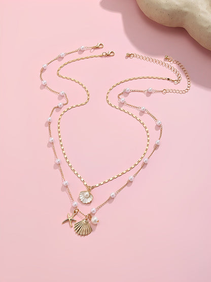 Ocean Style Shell Starfish Faux Pearl Necklace Set