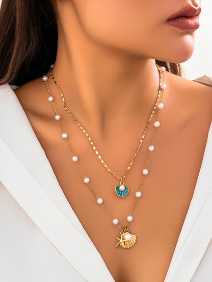 Ocean Style Shell Starfish Faux Pearl Necklace Set