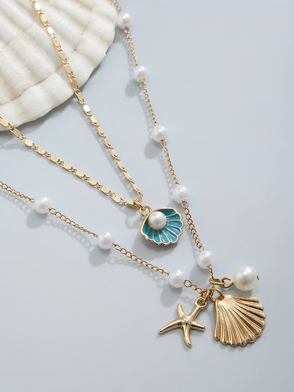 Ocean Style Shell Starfish Faux Pearl Necklace Set