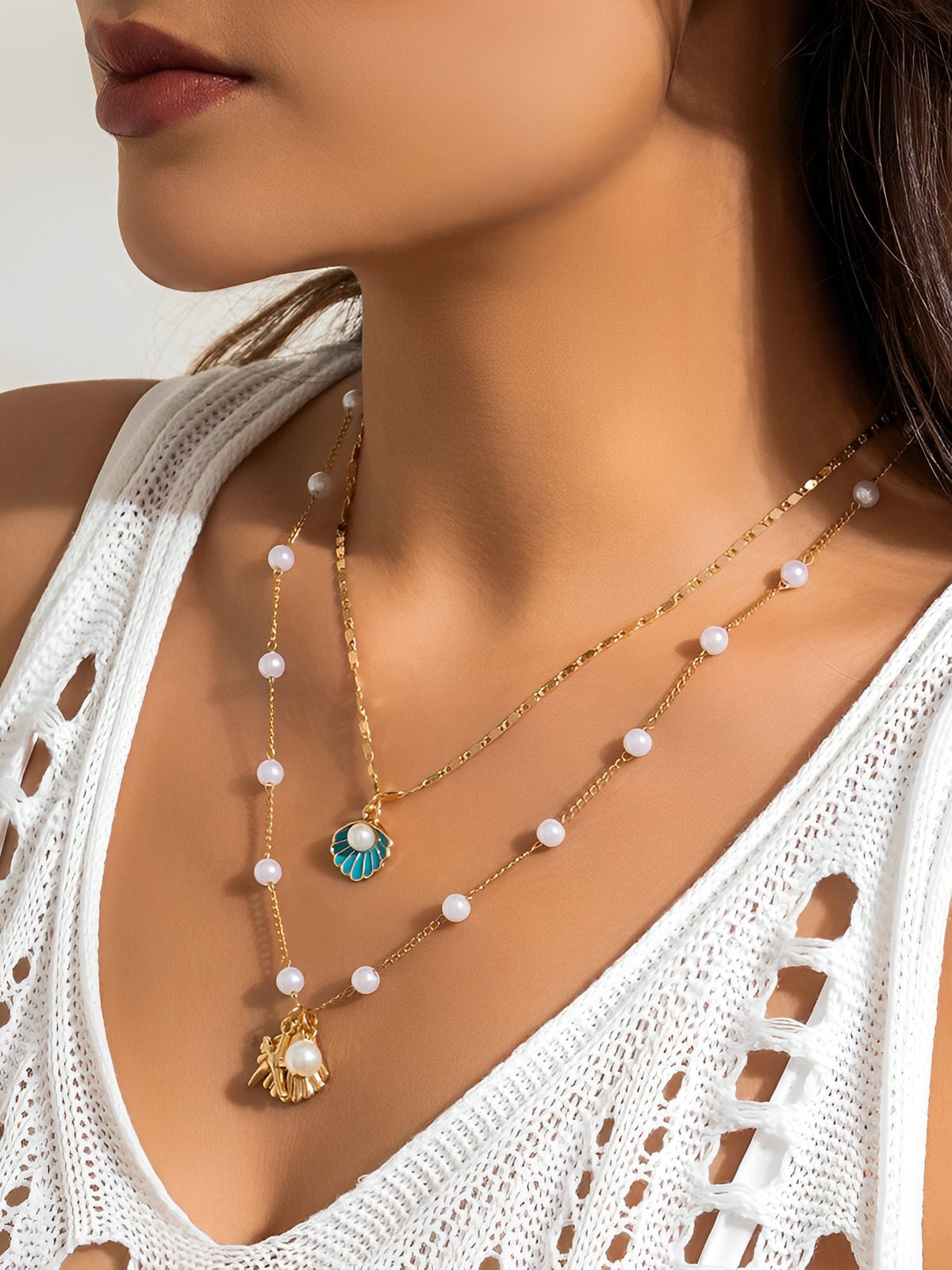 Ocean Style Shell Starfish Faux Pearl Necklace Set
