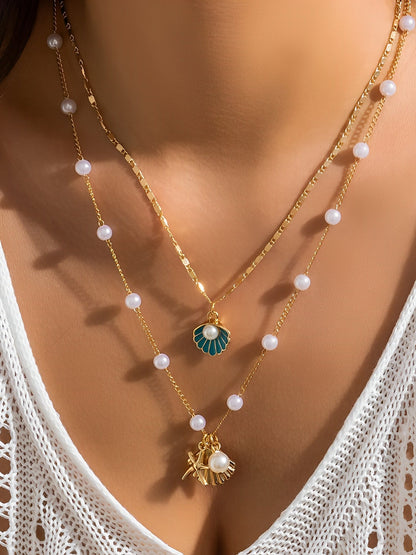 Ocean Style Shell Starfish Faux Pearl Necklace Set
