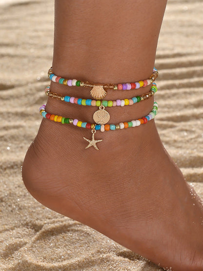 Rust-Resistant Ocean Style Alloy Pendant Beaded Adjustable Anklet Set
