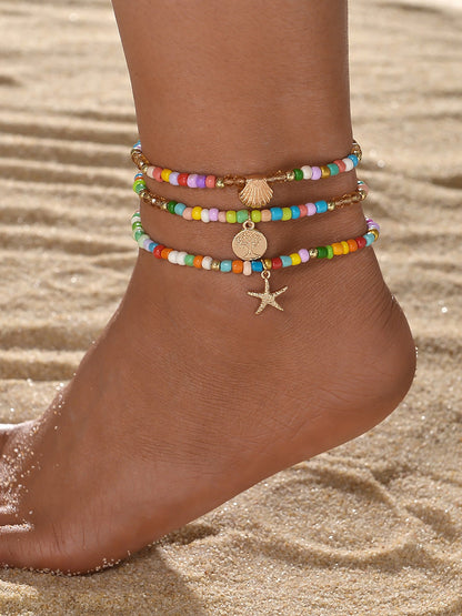 Rust-Resistant Ocean Style Alloy Pendant Beaded Adjustable Anklet Set