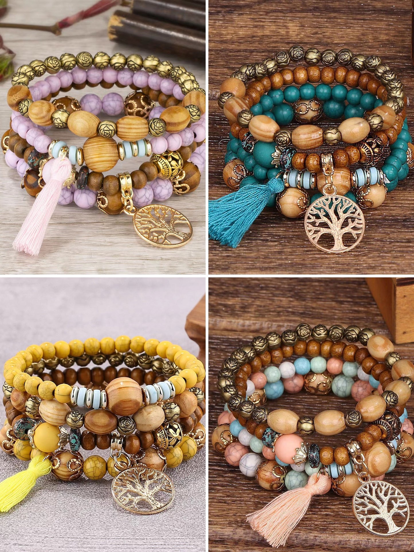 Bohemian Style Multi-Layered Wooden Beaded Bracelet