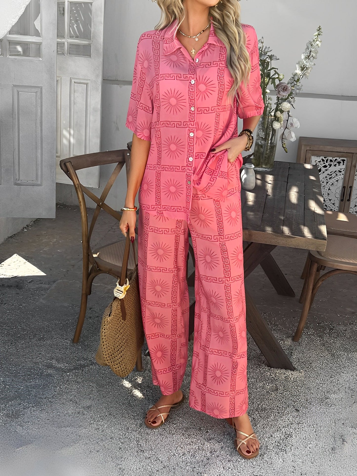 2 Pieces Short Sleeves Graphic Shirts & Wide Leg Pants Beach Set