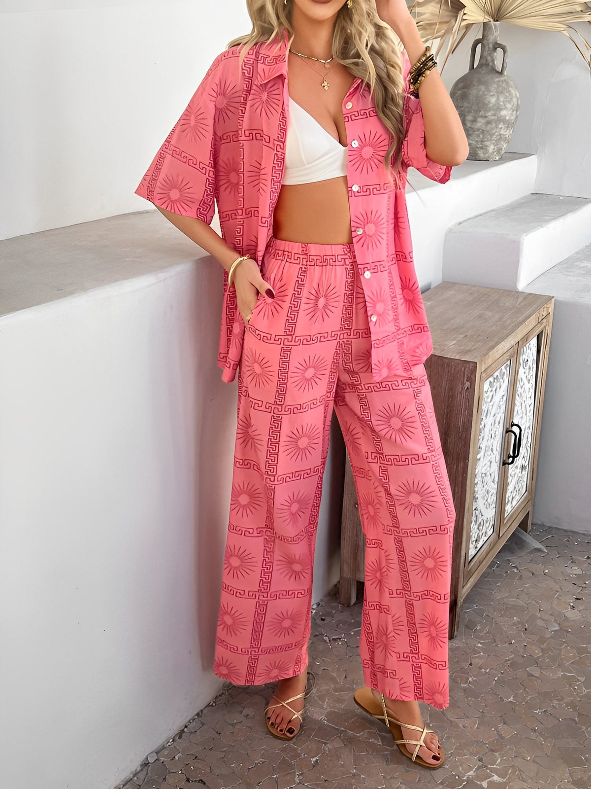2 Pieces Short Sleeves Graphic Shirts & Wide Leg Pants Beach Set