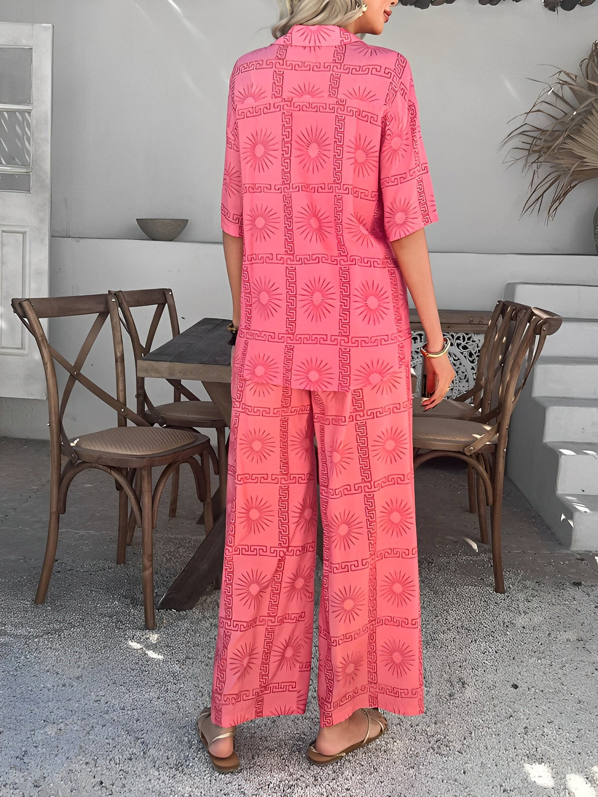 2 Pieces Short Sleeves Graphic Shirts & Wide Leg Pants Beach Set