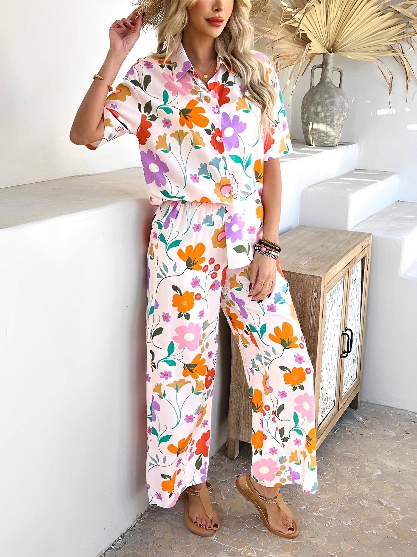 2 Pieces Short Sleeves Graphic Shirts & Wide Leg Pants Beach Set