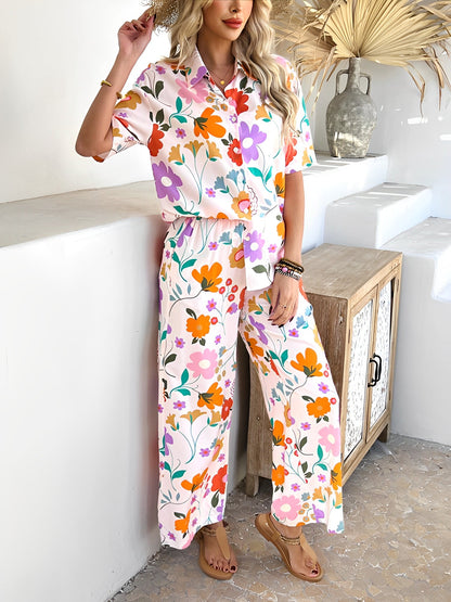 2 Pieces Short Sleeves Graphic Shirts & Wide Leg Pants Beach Set