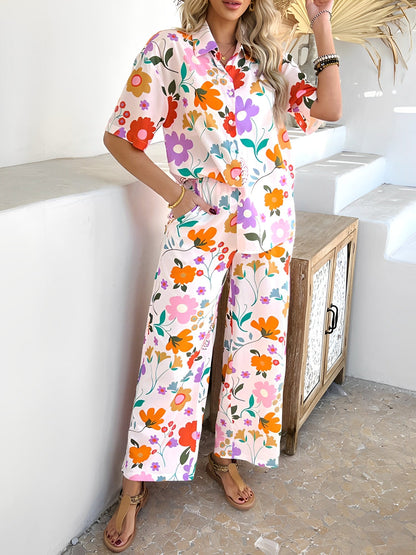 2 Pieces Short Sleeves Graphic Shirts & Wide Leg Pants Beach Set