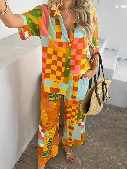 2 Pieces Short Sleeves Graphic Shirts & Wide Leg Pants Beach Set