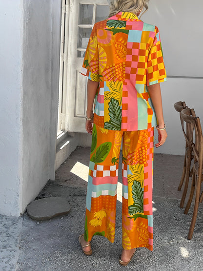 2 Pieces Short Sleeves Graphic Shirts & Wide Leg Pants Beach Set