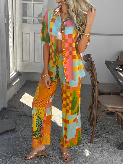 2 Pieces Short Sleeves Graphic Shirts & Wide Leg Pants Beach Set
