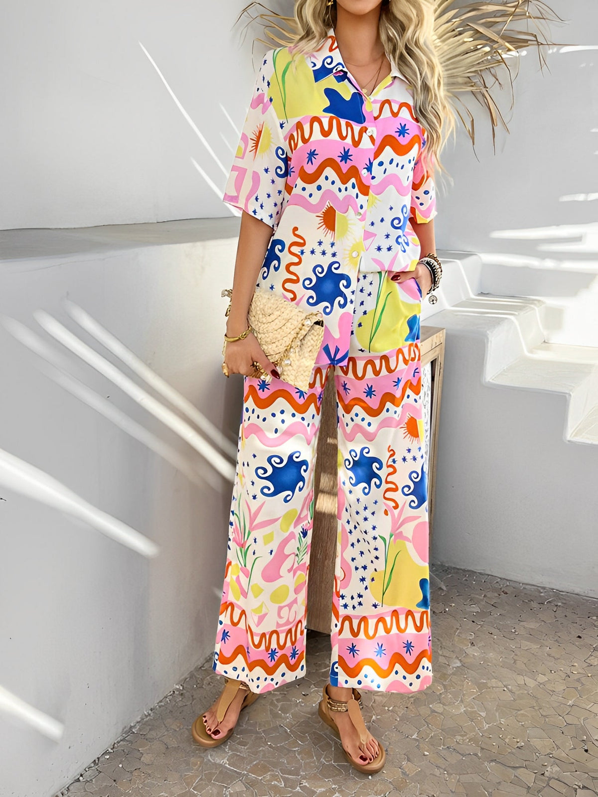 2 Pieces Short Sleeves Graphic Shirts & Wide Leg Pants Beach Set