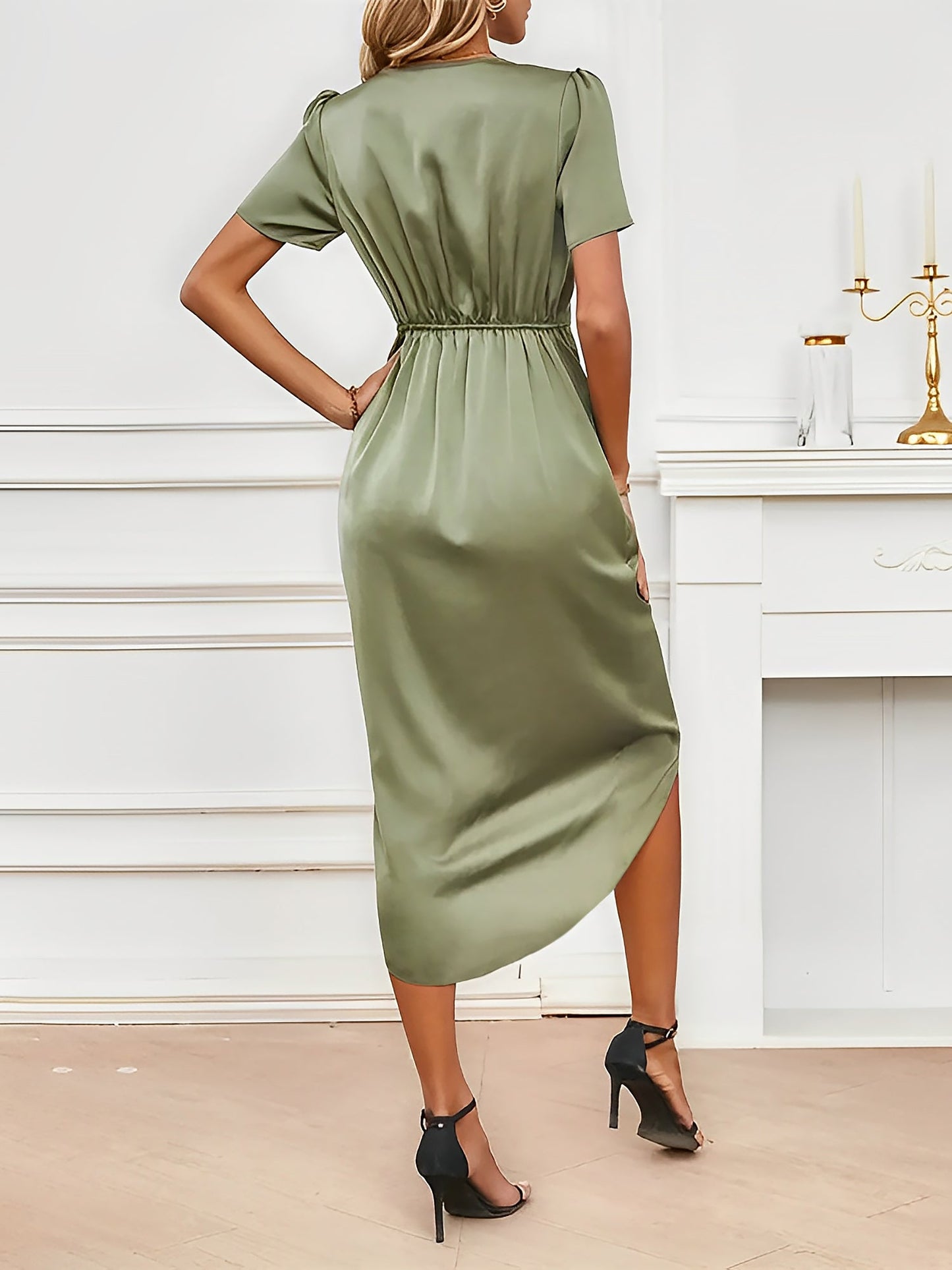 V Neck Puff Sleeves Satin Ruched Midi Dress