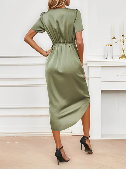 V Neck Puff Sleeves Satin Ruched Midi Dress