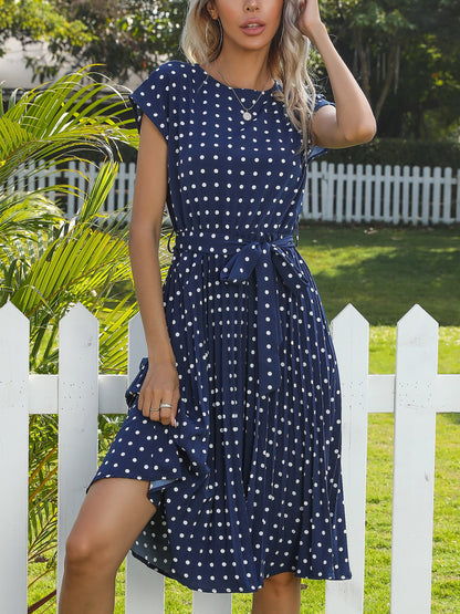 Retro-Chic Short Sleeves Polka All-Over Dot Pleated Belted Midi Casual Dress