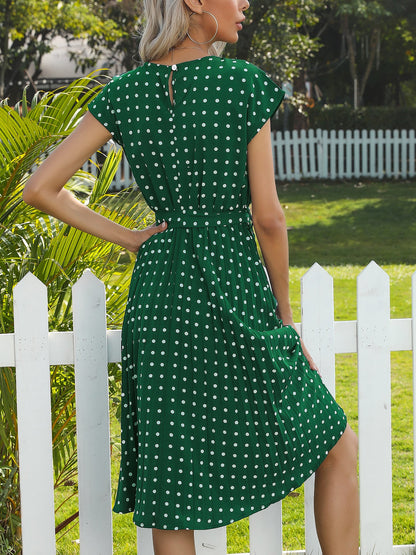 Retro-Chic Short Sleeves Polka All-Over Dot Pleated Belted Midi Casual Dress