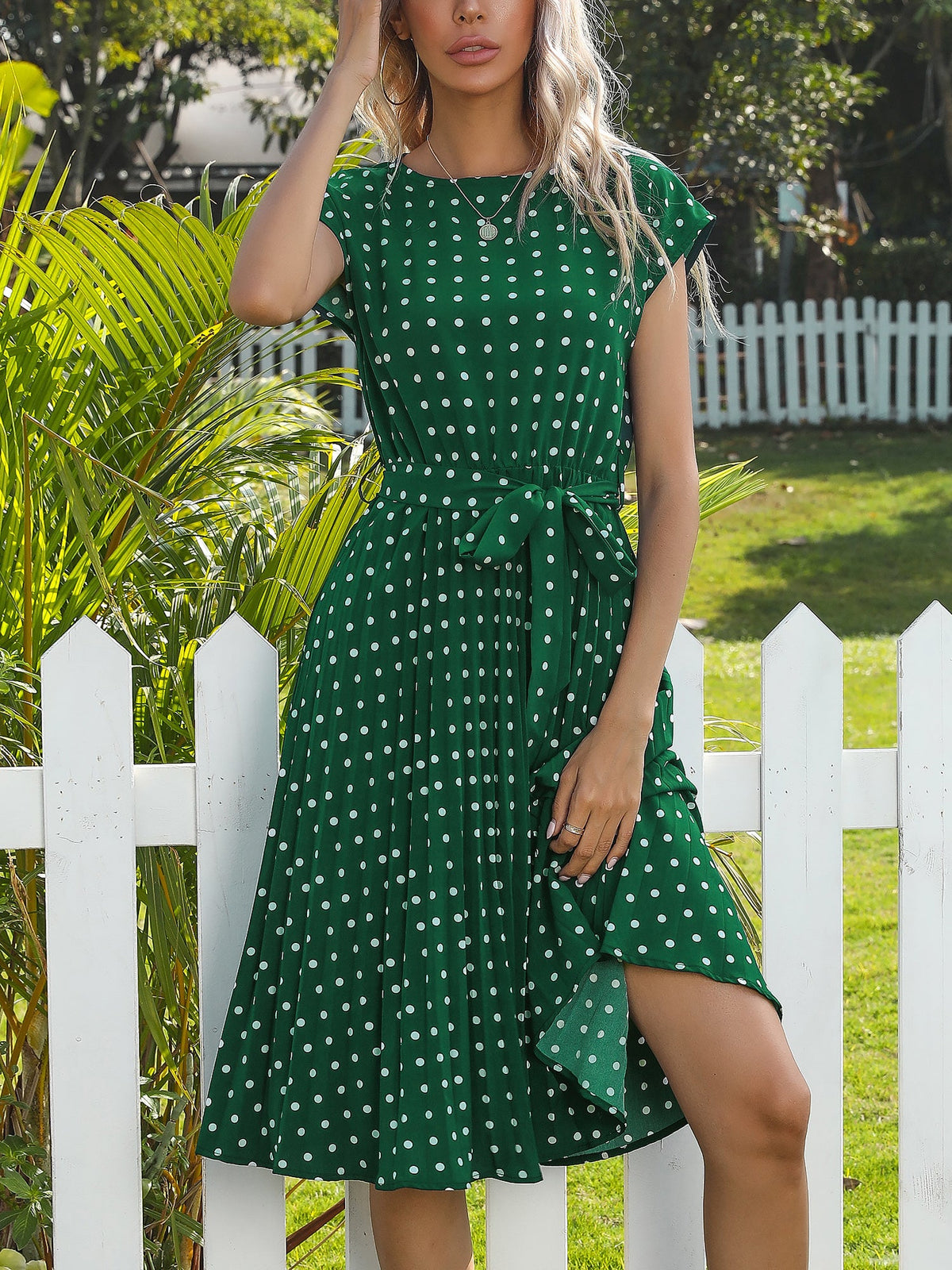Retro-Chic Short Sleeves Polka All-Over Dot Pleated Belted Midi Casual Dress