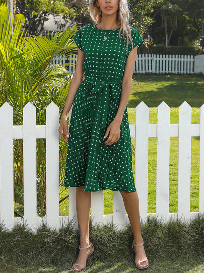 Retro-Chic Short Sleeves Polka All-Over Dot Pleated Belted Midi Casual Dress