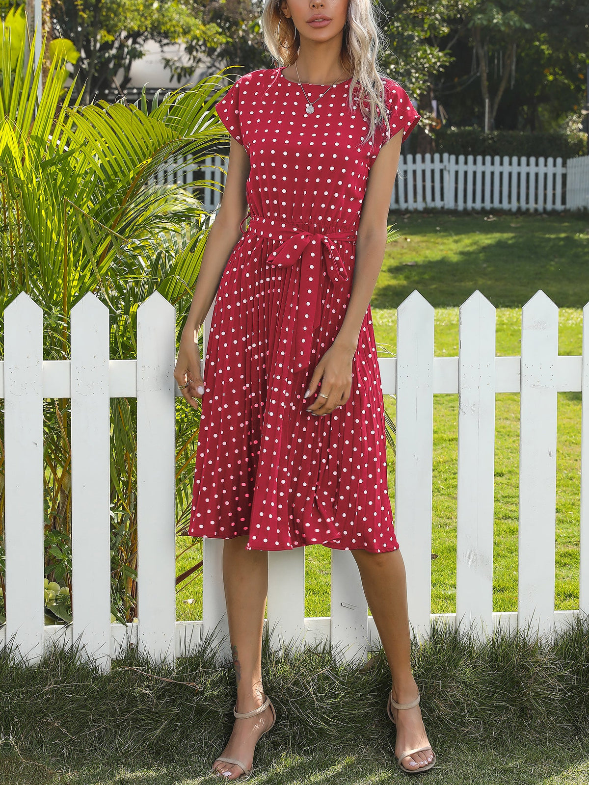 Retro-Chic Short Sleeves Polka All-Over Dot Pleated Belted Midi Casual Dress