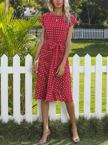 Retro-Chic Short Sleeves Polka All-Over Dot Pleated Belted Midi Casual Dress