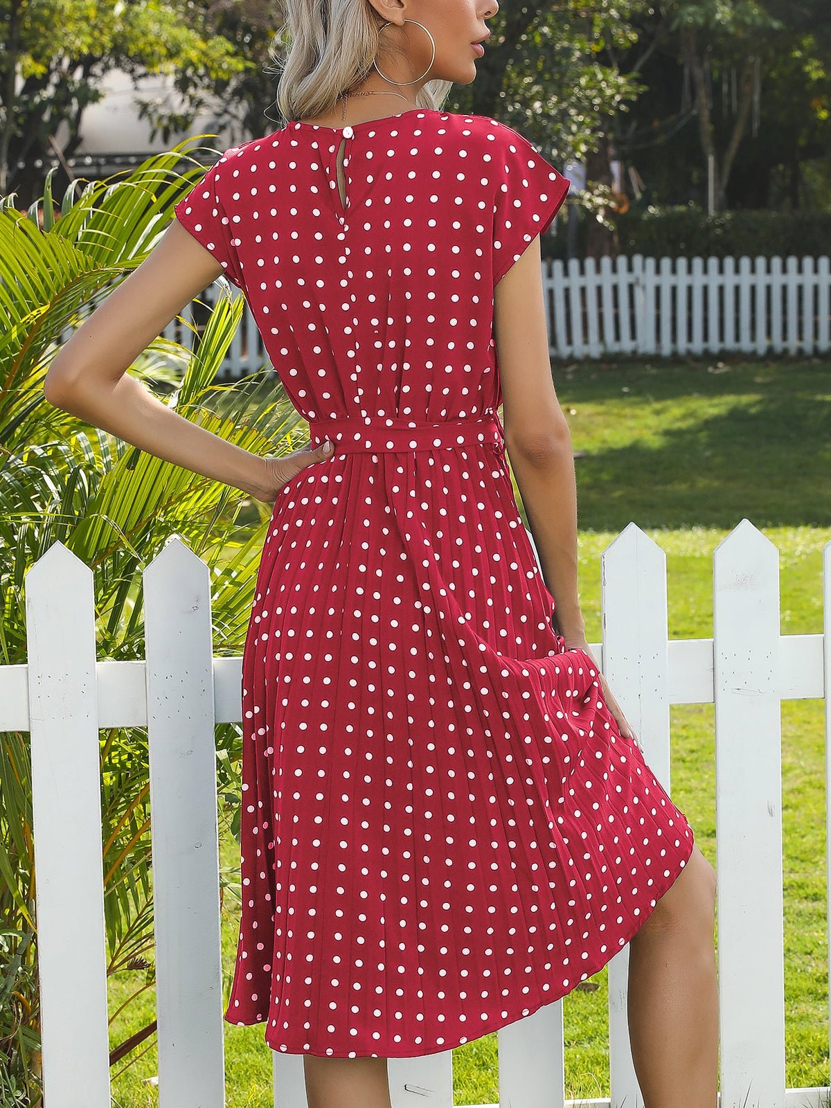 Retro-Chic Short Sleeves Polka All-Over Dot Pleated Belted Midi Casual Dress