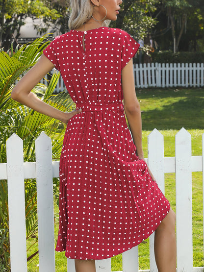 Retro-Chic Short Sleeves Polka All-Over Dot Pleated Belted Midi Casual Dress
