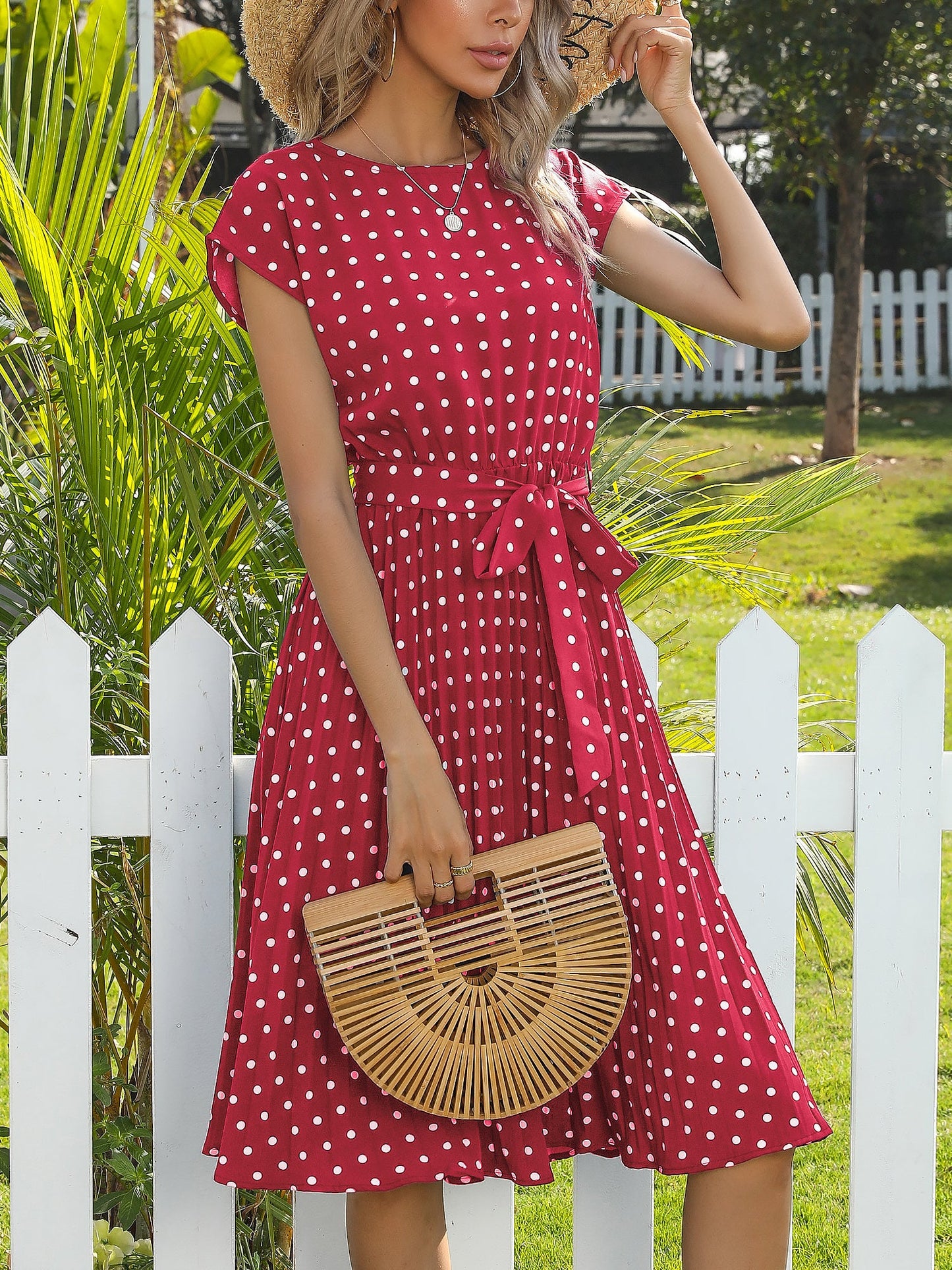 Retro-Chic Short Sleeves Polka All-Over Dot Pleated Belted Midi Casual Dress
