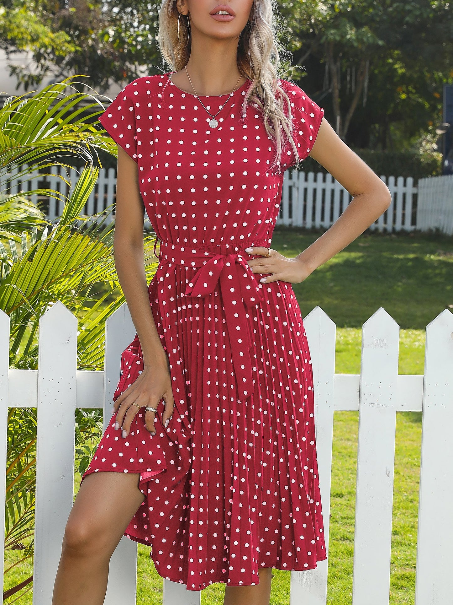 Retro-Chic Short Sleeves Polka All-Over Dot Pleated Belted Midi Casual Dress