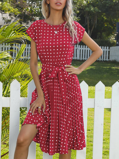 Retro-Chic Short Sleeves Polka All-Over Dot Pleated Belted Midi Casual Dress