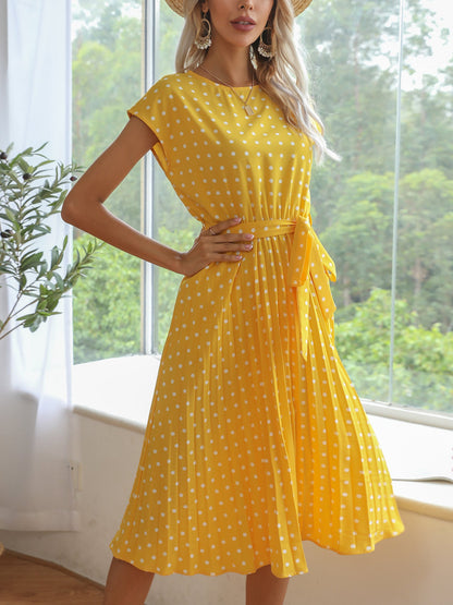 Retro-Chic Short Sleeves Polka All-Over Dot Pleated Belted Midi Casual Dress