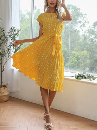 Retro-Chic Short Sleeves Polka All-Over Dot Pleated Belted Midi Casual Dress