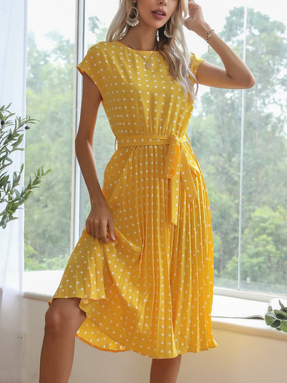Retro-Chic Short Sleeves Polka All-Over Dot Pleated Belted Midi Casual Dress