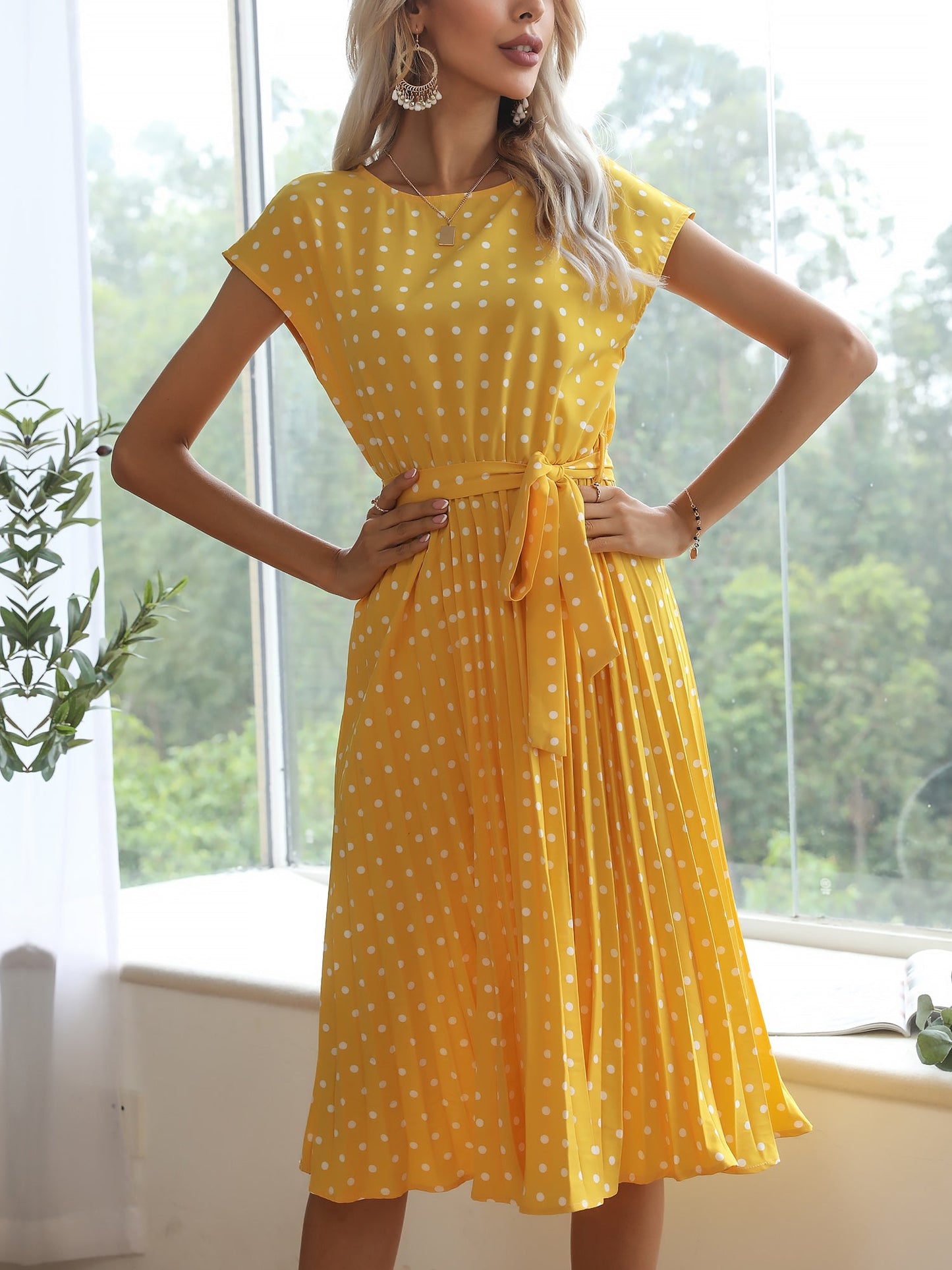 Retro-Chic Short Sleeves Polka All-Over Dot Pleated Belted Midi Casual Dress