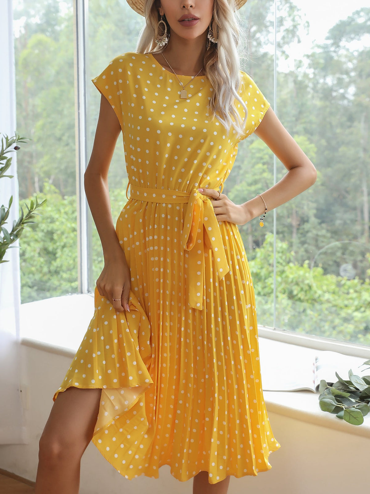 Retro-Chic Short Sleeves Polka All-Over Dot Pleated Belted Midi Casual Dress