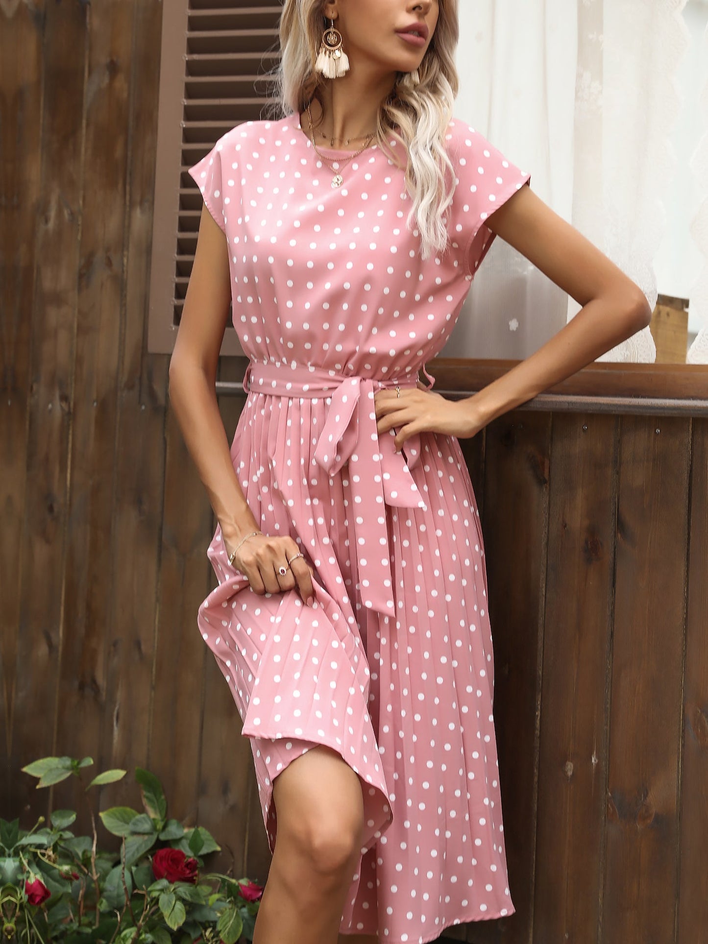 Retro-Chic Short Sleeves Polka All-Over Dot Pleated Belted Midi Casual Dress
