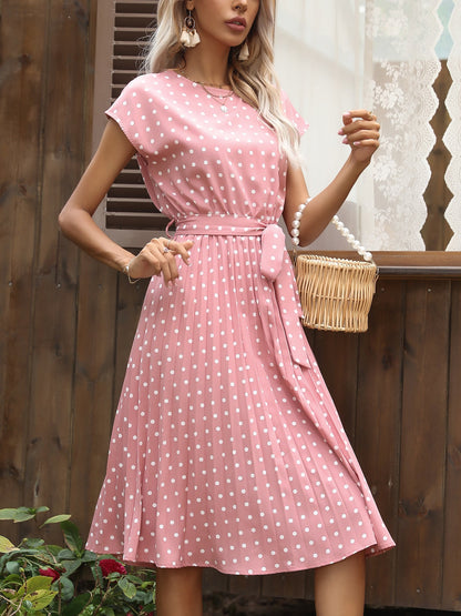 Retro-Chic Short Sleeves Polka All-Over Dot Pleated Belted Midi Casual Dress