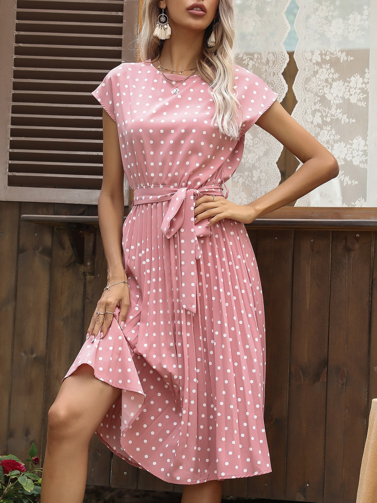Retro-Chic Short Sleeves Polka All-Over Dot Pleated Belted Midi Casual Dress