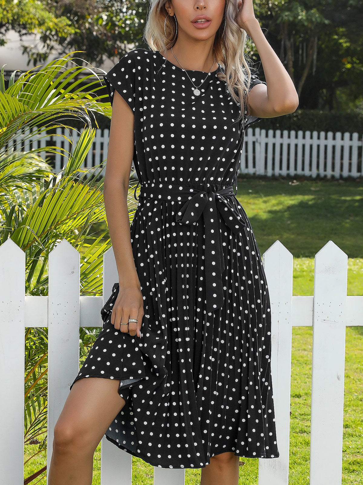 Retro-Chic Short Sleeves Polka All-Over Dot Pleated Belted Midi Casual Dress